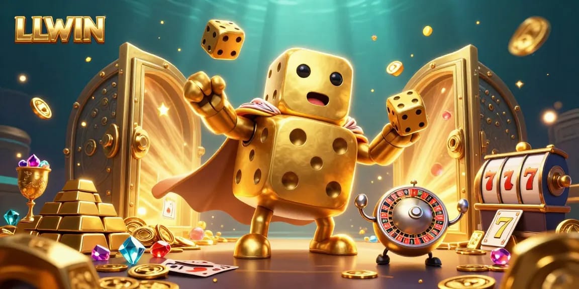 Win big at LLWIN with a 3D digital illustration of a golden dice golem juggling treasures and jackpots.