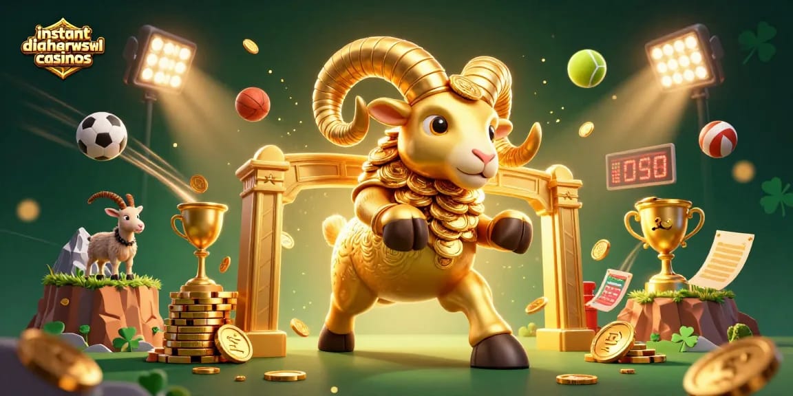 Experience instant withdrawal casinos with vibrant gaming elements and a dynamic golden ram illustration