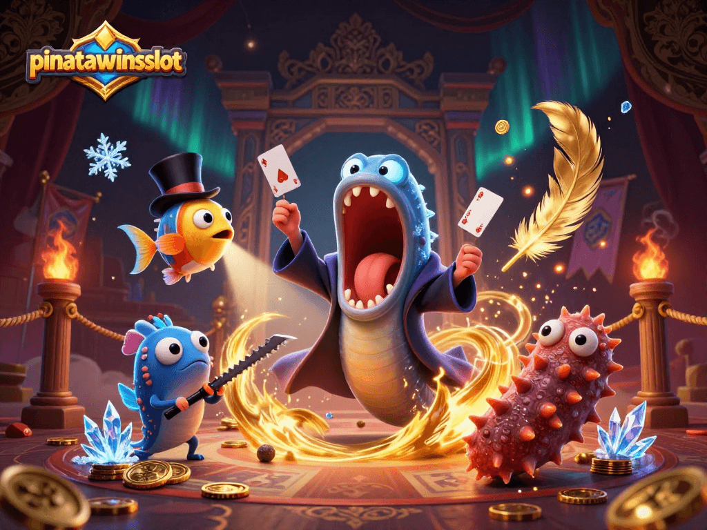 Experience thrilling gameplay in pinatawinsslot with magical underwater characters performing vibrant card tricks amidst swirling casino elements.