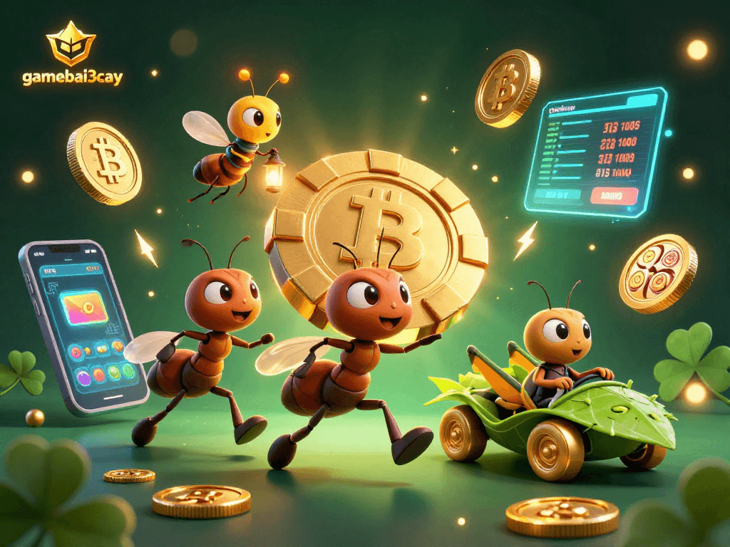 Gamebai3cay ants execute a heist for a massive golden poker chip amidst rich casino elements.