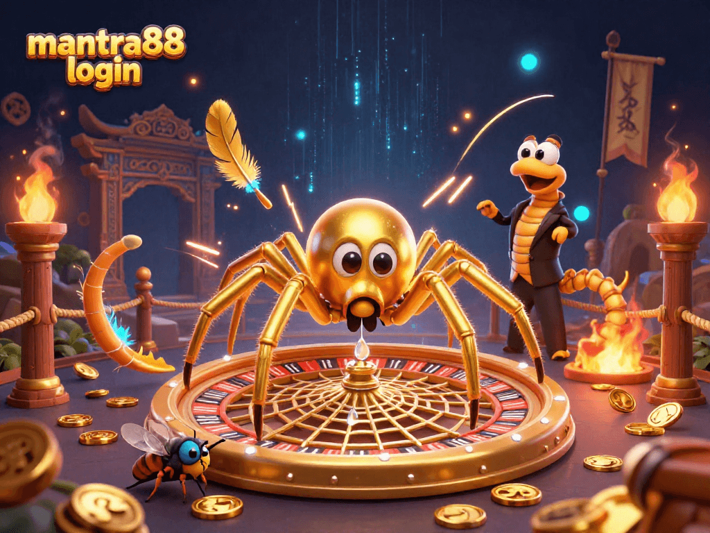 Experience thrilling bets at mantra88 login with a golden spider spinning roulette webs in the casino.