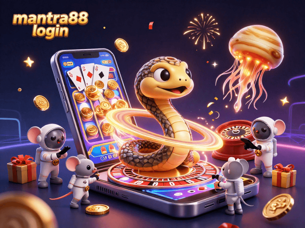 Engage with exciting games at mantra88 login, featuring captivating 3D casino-themed illustration.