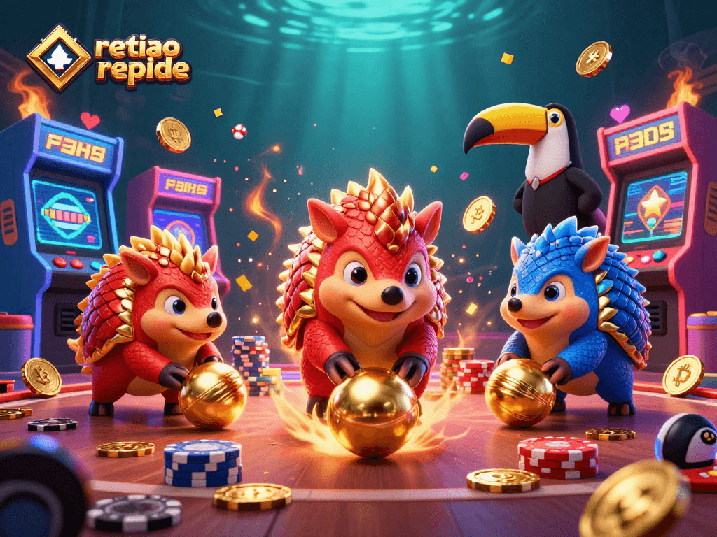 Animation des pangolins en compétition pour un casino retrait rapide, entourés de jeux lumineux et de monnaie crypto.