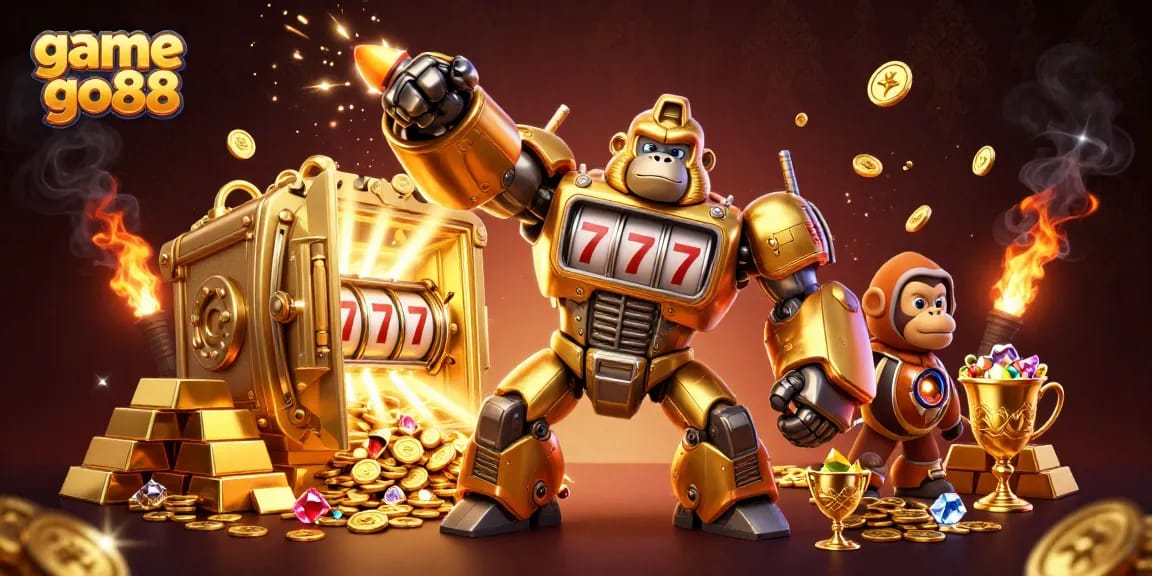 Join the excitement with game go88, featuring a golden gorilla mech and treasure bursting open.