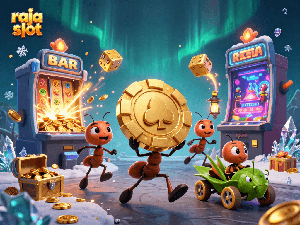 Experience raja slot excitement with exaggerated cartoon ants on a treasure heist in a vibrant underground casino.