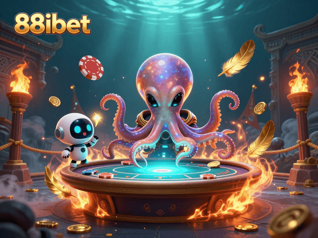 Play poker with the 88ibet alien octopus and a robot in a vibrant cosmic casino.