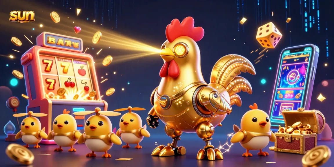 Experience thrilling slots with the sun as the centerpiece, featuring dynamic game elements and a golden rooster robot.