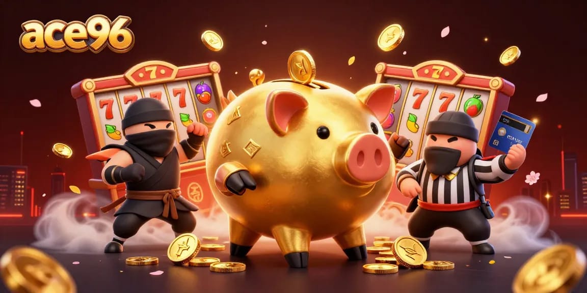 ace96 players spinning vibrant slot reels with jackpot counters in an exciting casino scene.