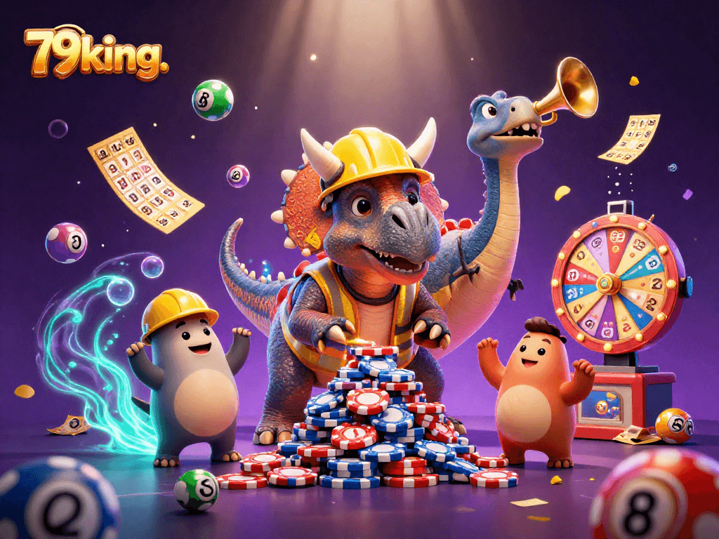 79king. Creates excitement with a vibrant 3D triceratops poker scene featuring lively lottery elements.