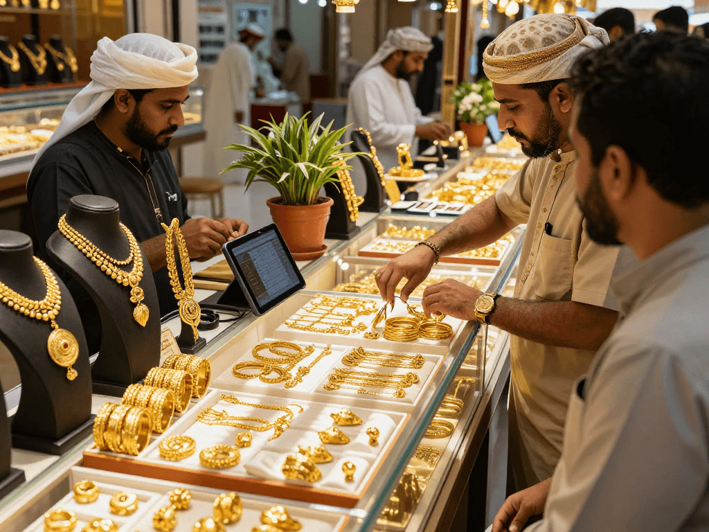 mantra88 showcases a vibrant Bahrain marketplace with gold jewelry displays and engaged customers.