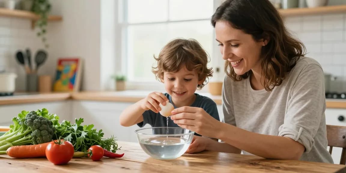 Menggunakan panduan https://www.eggfloattest.com/contact untuk menguji kesegaran telur di dapur dengan anak.