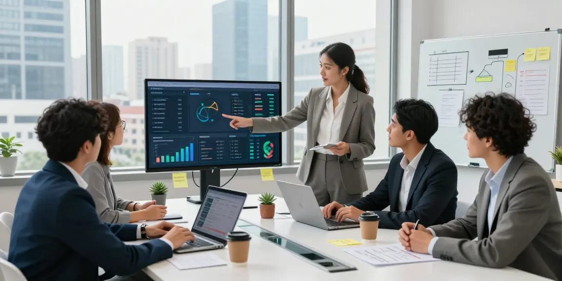 This page highlights a collaborative team meeting in a modern office, showcasing professionals engaging with data analytics.