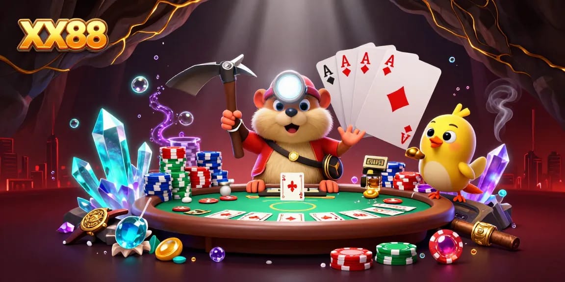 Experience the excitement of XX88 with a vibrant gambling scene showcasing a treasure hunter mole and poker elements.