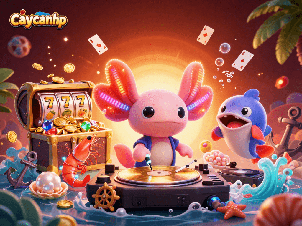 Wager big and win with caycanhphattai's vibrant 3D casino illustration featuring DJ axolotl and dancing shrimp.