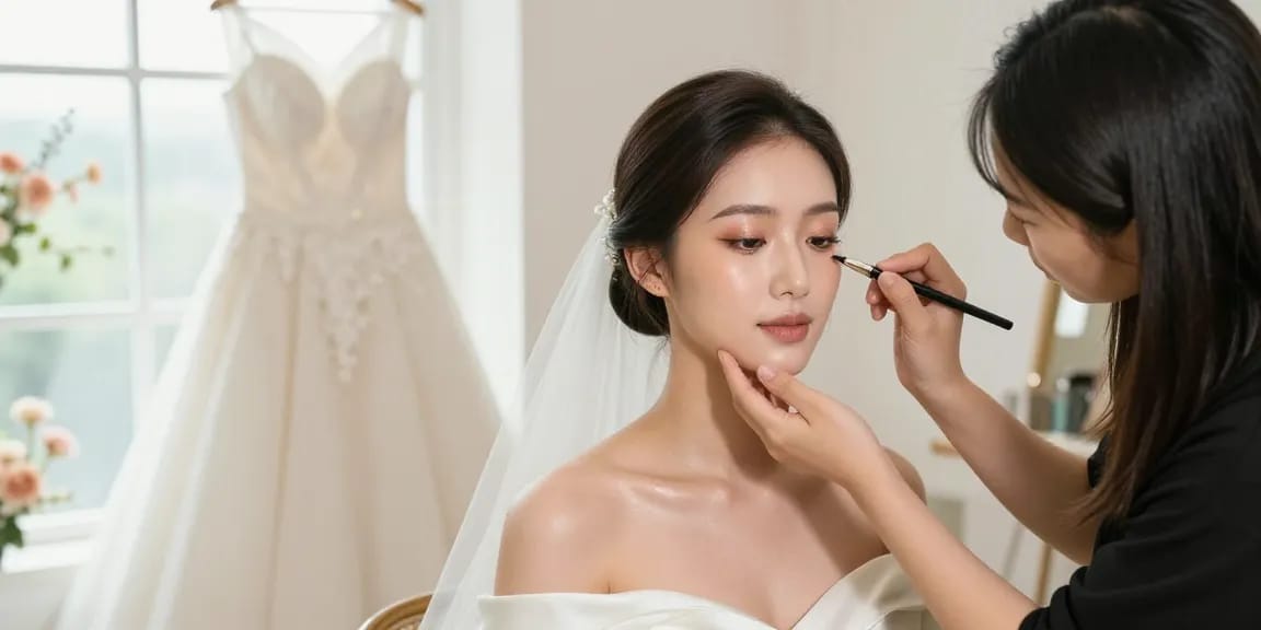 Trucco sposa luminoso realizzato da professionista, momento di bellezza nella preparazione per il matrimonio.