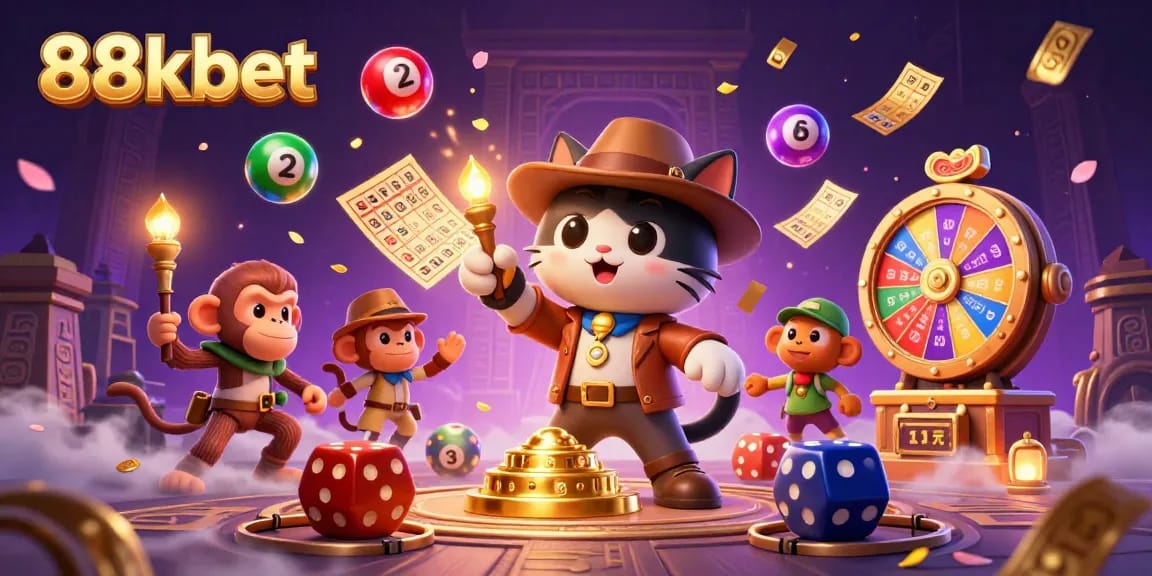 88kbet showcases a vibrant casino artifact discovery scene featuring a playful explorer cat.