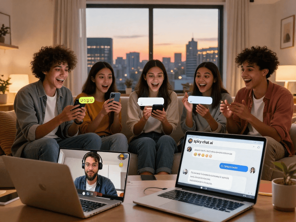 Friends enjoying spicy chat ai on their devices in a cozy, inviting room.