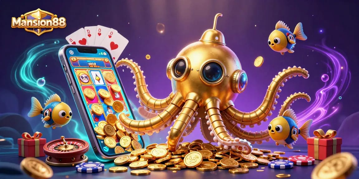 Mansion88 transports players into an exciting 3D casino world filled with golden coins, vibrant slots, and animated characters.