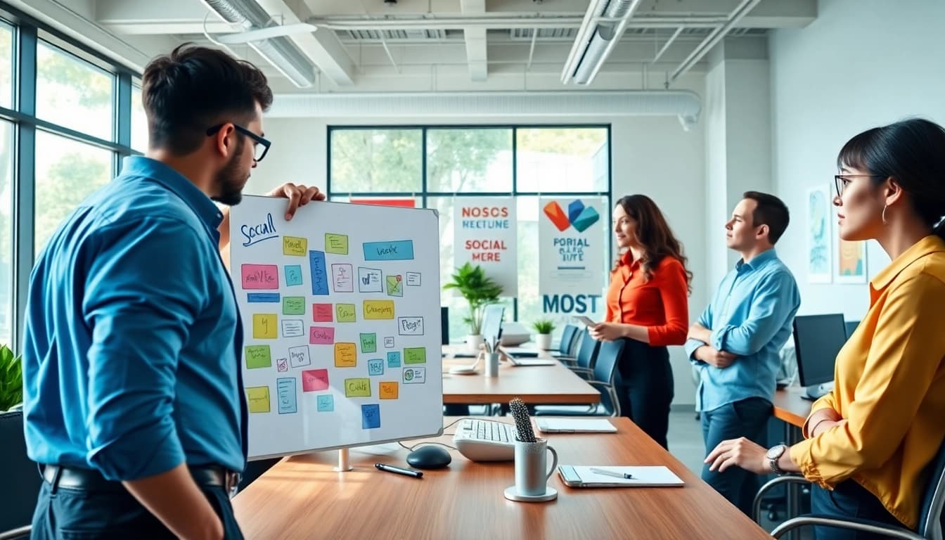 Dynamic social media agency team brainstorming innovative strategies in a collaborative office.