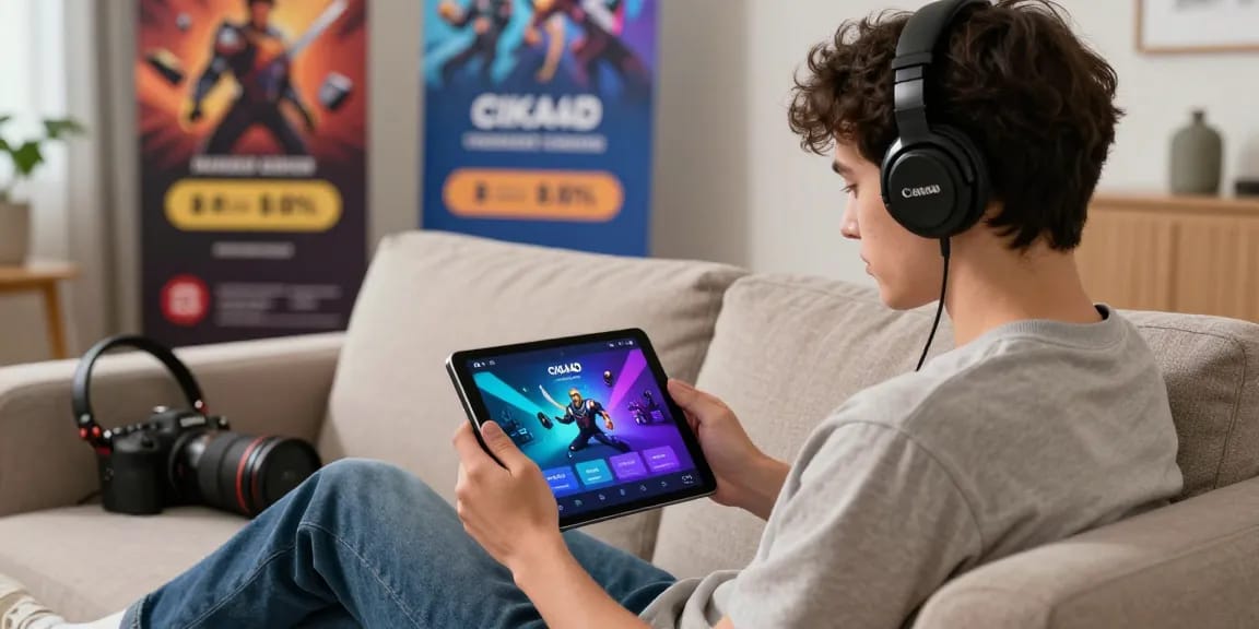 Engaging with CIKA4D app in a cozy living room setting, showcasing digital entertainment.