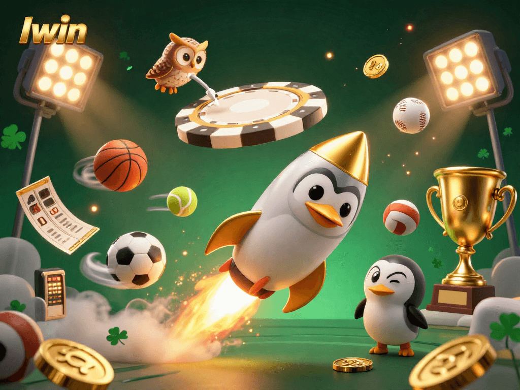 Iwin's vibrant 3D illustration showcases a penguin racing towards a casino space station with sports elements.