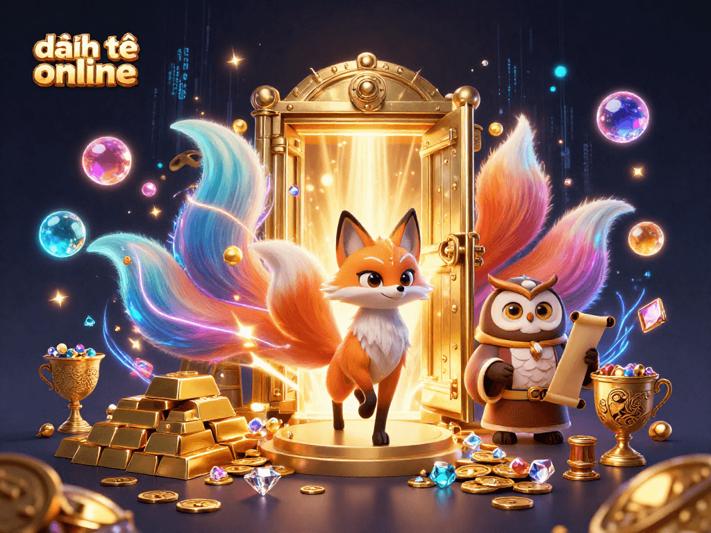 Engage in đánh đề online with vibrant magic, showcasing a nine-tailed fox and treasures.