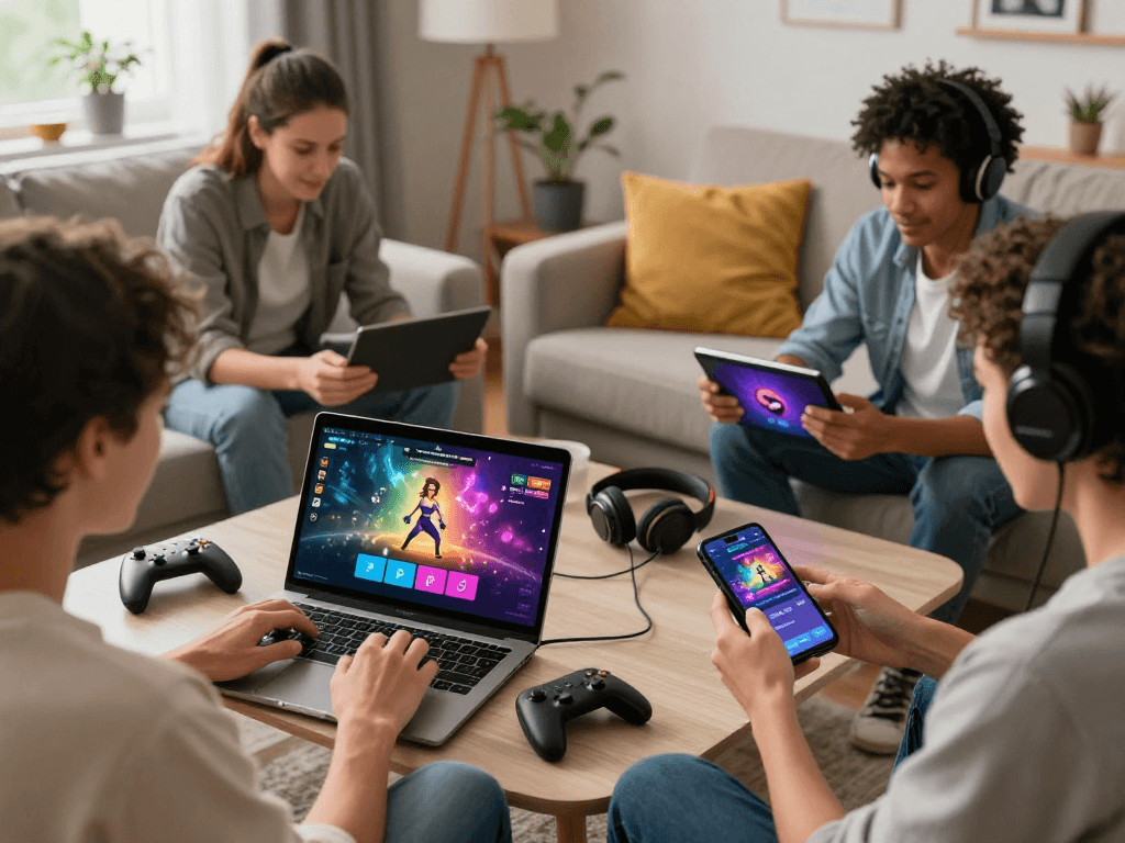 Engaged players enjoying sex games on various devices in a cozy living room.