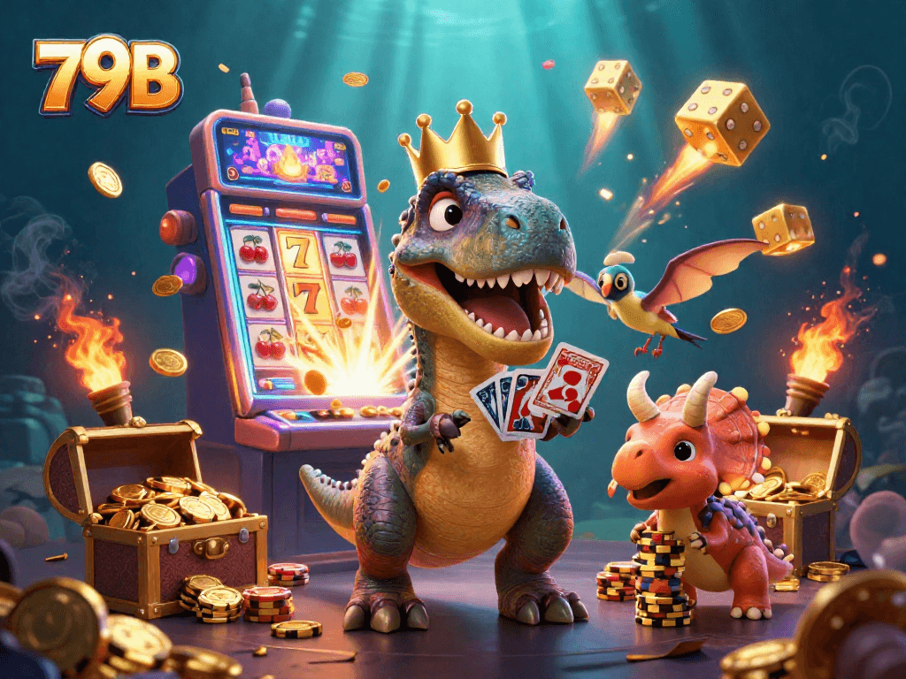 Ilustração 3D do T-Rex com coroa de ouro jogando cartas e um tricerátopo empilhando fichas, destaque do 79B.