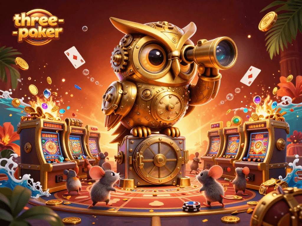 Engage in three-card-poker excitement with a dynamic casino scene featuring a golden owl and poker elements.