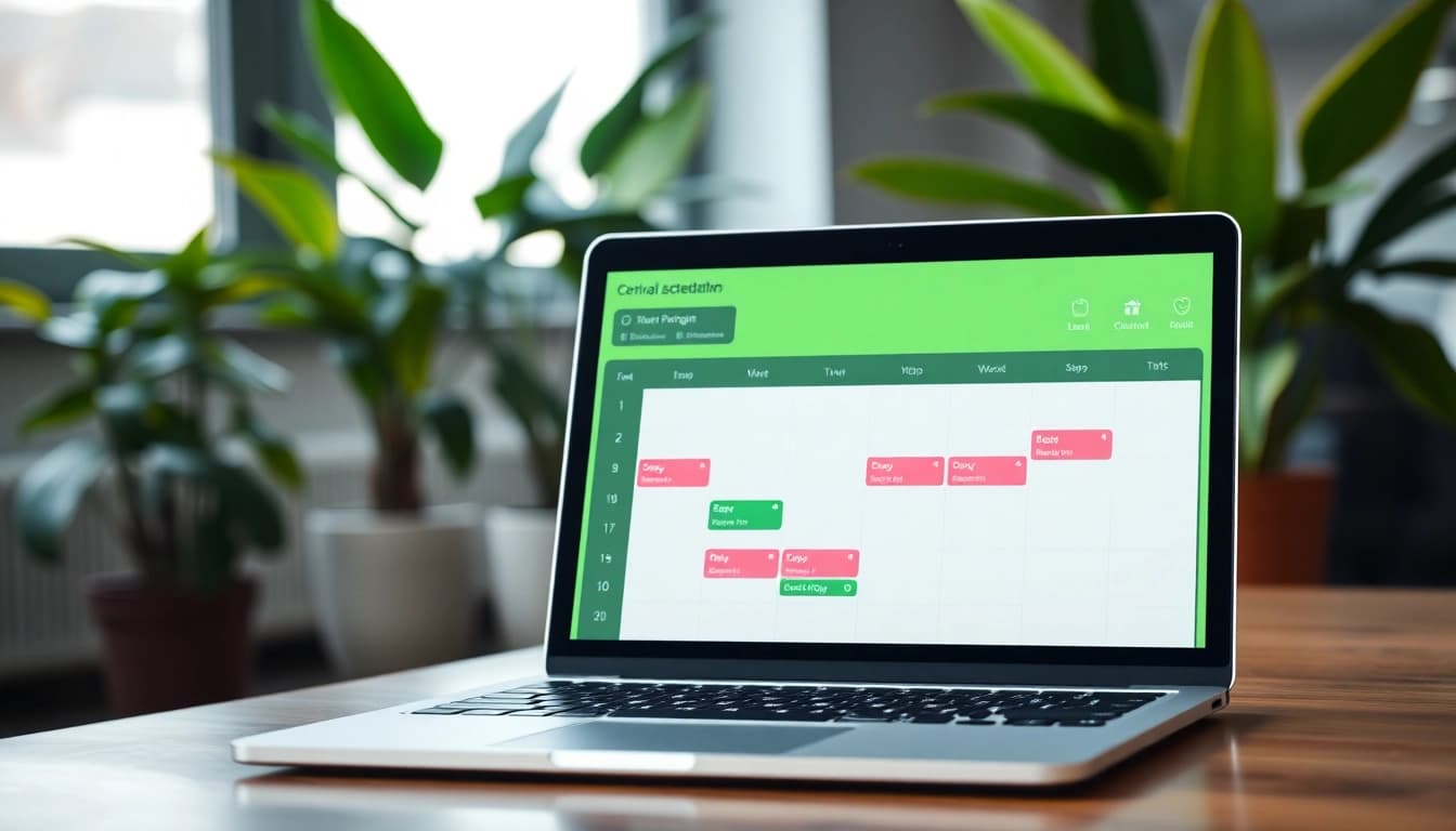 Virtual assistant scheduling tool displayed on a laptop showcasing user-friendly interface and calendar.