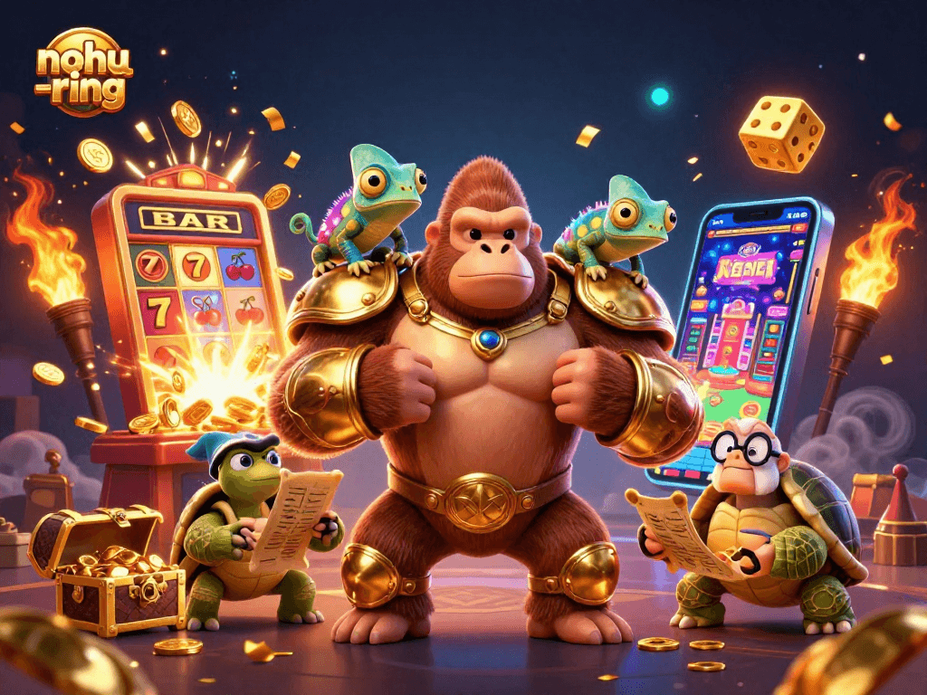 Play the nohu-ring game with a golden gorilla king and friends amidst jackpot glory.