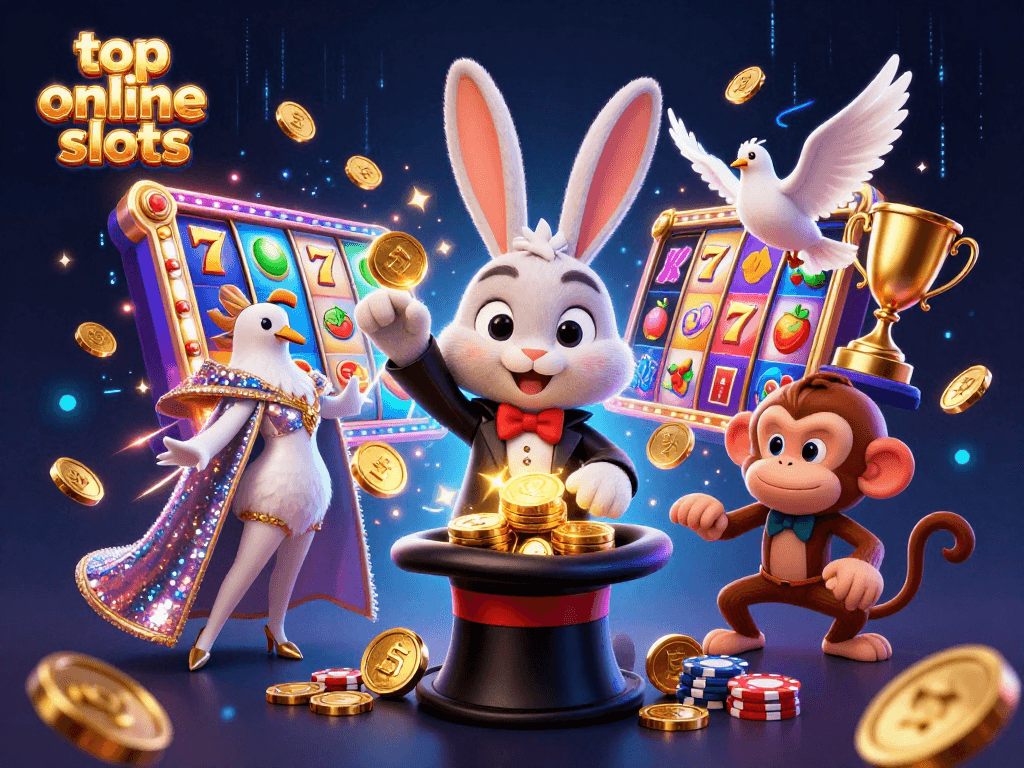 Experience top online slots with this vibrant illustration featuring a magician rabbit and exciting slot elements.