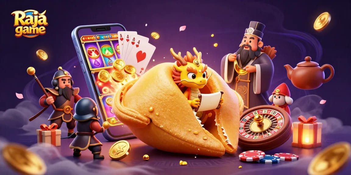 Experience the Raja game with thrilling slot spins and golden fortune in this vibrant illustration.