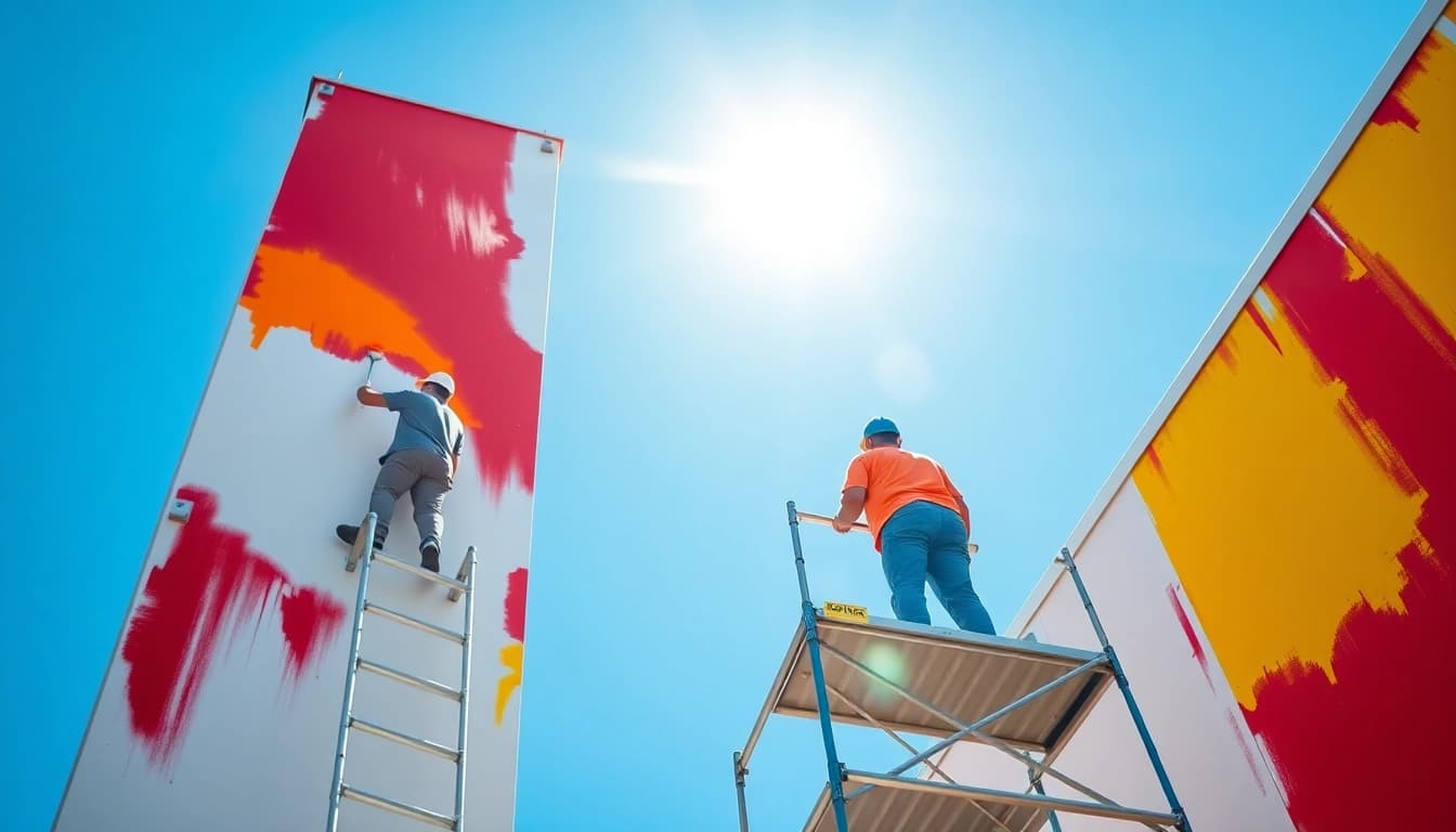 Commercial painting scene with vibrant colors featuring professional painters on a building.