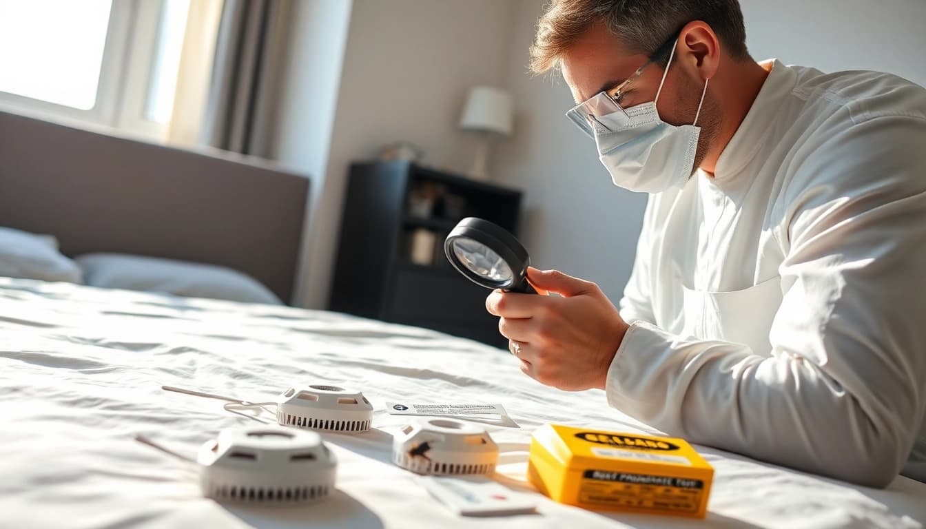 Expert bed bug removal technician inspecting a bed with tools and traps in a well-lit room.