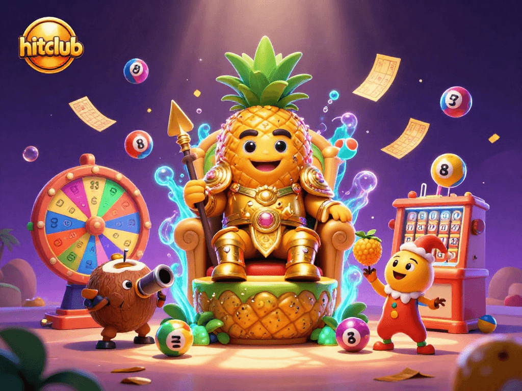 Experience the excitement of hitclub with the golden pineapple king and lottery elements in a vibrant casino scene.