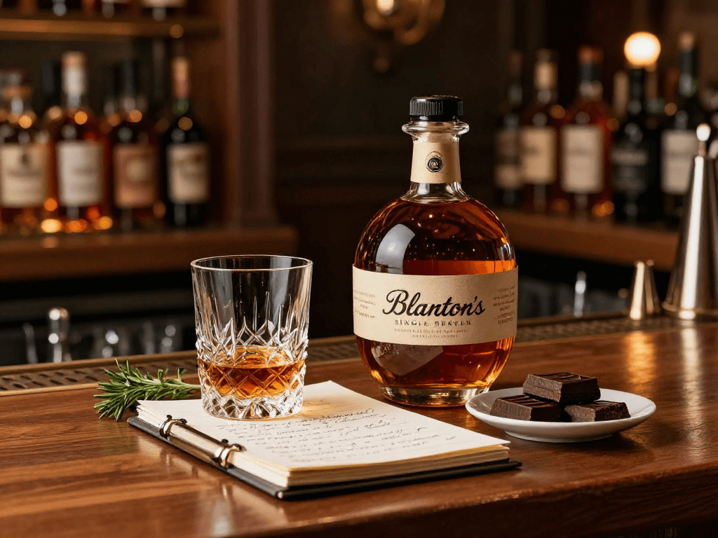 Experience Blanton's Single Barrel Bourbon with elegant tasting setup featuring whiskey glass, dark chocolate, and tasting notes.