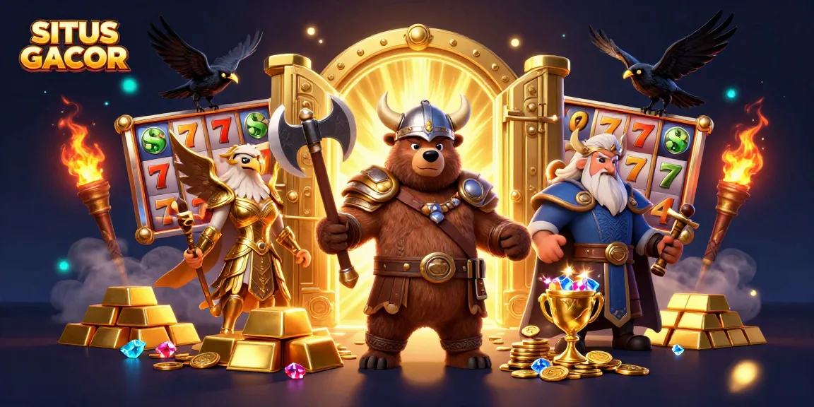 SITUS GACOR captures thrilling gameplay with a Viking berserker and Valkyrie amid golden treasures and slot reels.
