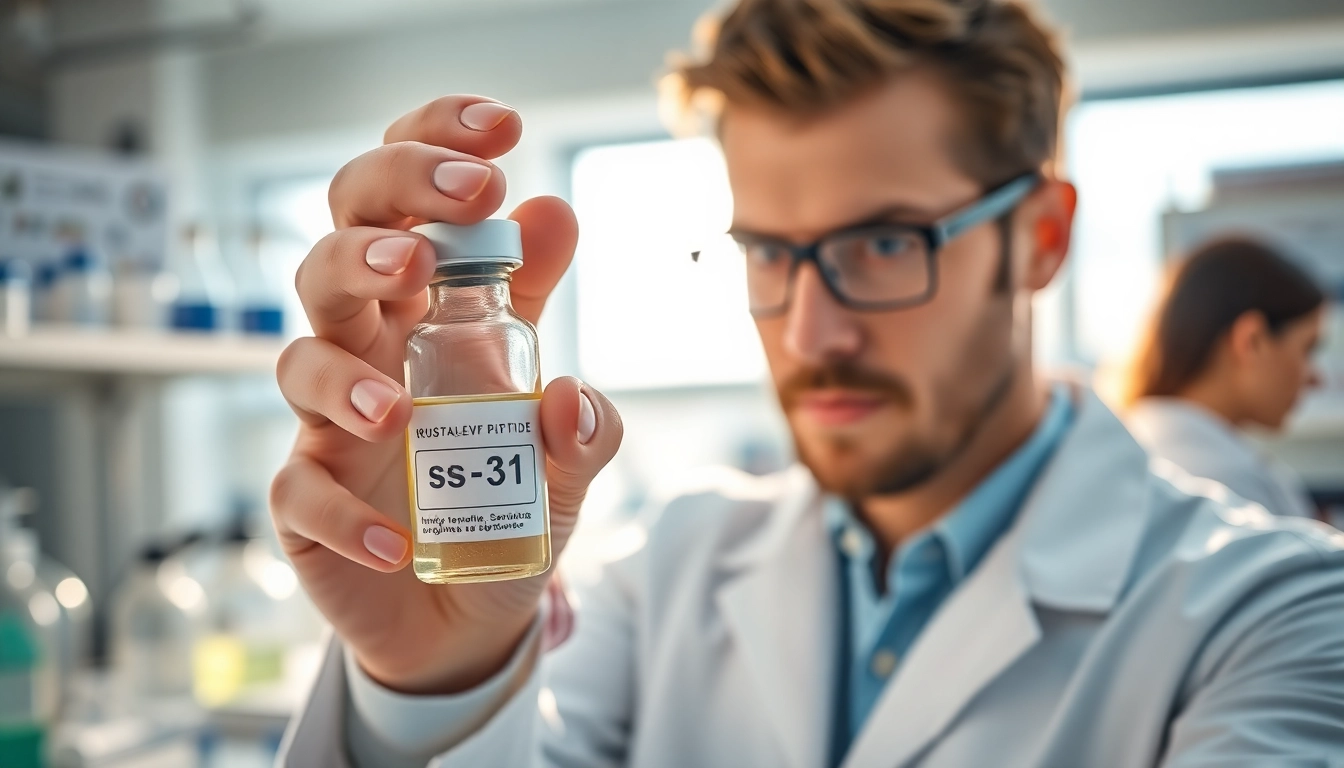 Buy ss-31 peptide online while exploring its molecular structure in a lab environment.