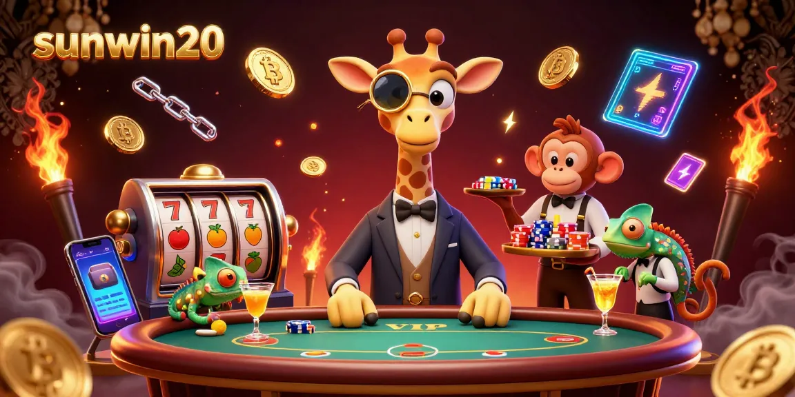 Experience the excitement of sunwin20 as the high-roller giraffe plays poker amidst vibrant casino elements.