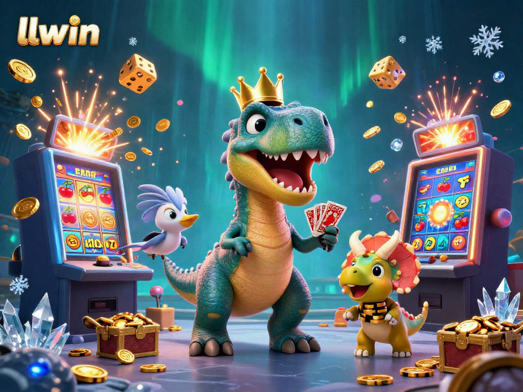 Experience the thrill of gaming with llwin's engaging scene featuring a friendly dinosaur duo and vibrant casino elements.