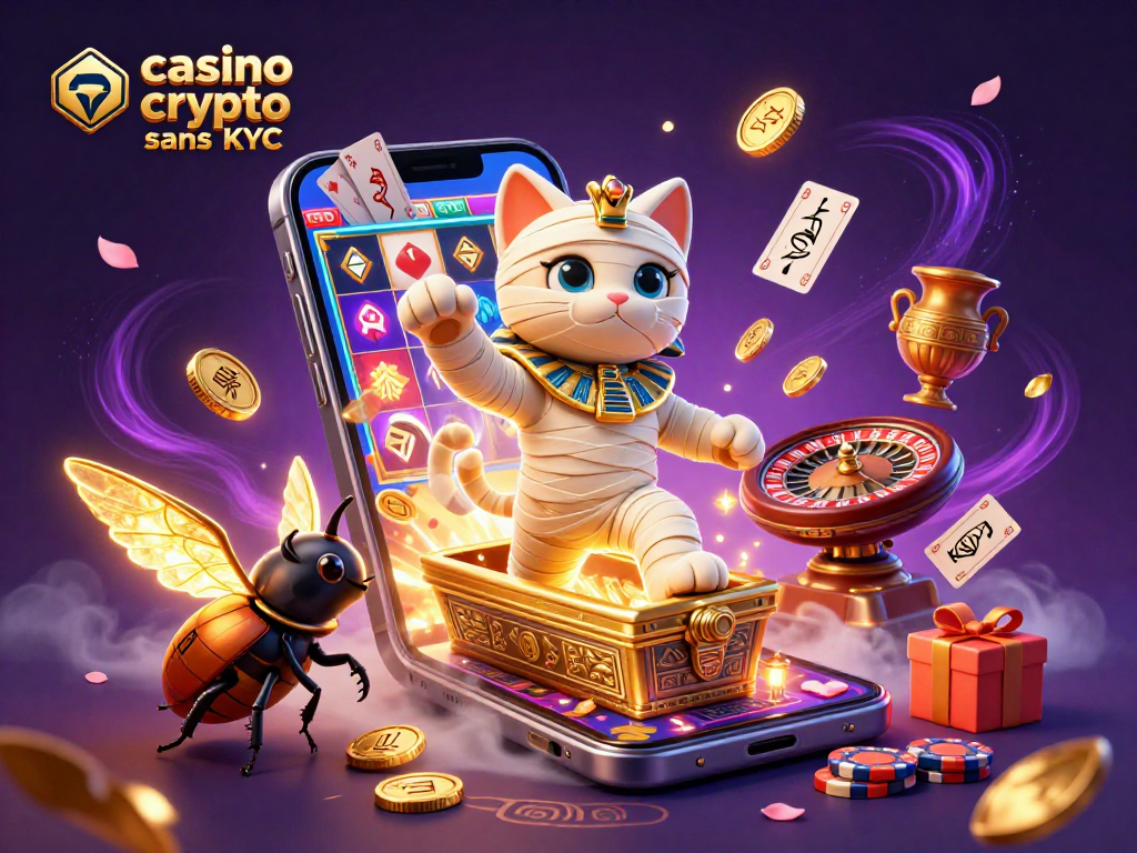 Jouez avec le casino crypto sans KYC dans un décor coloré et dynamique illustré, mettant en avant des personnages et éléments fascinants.