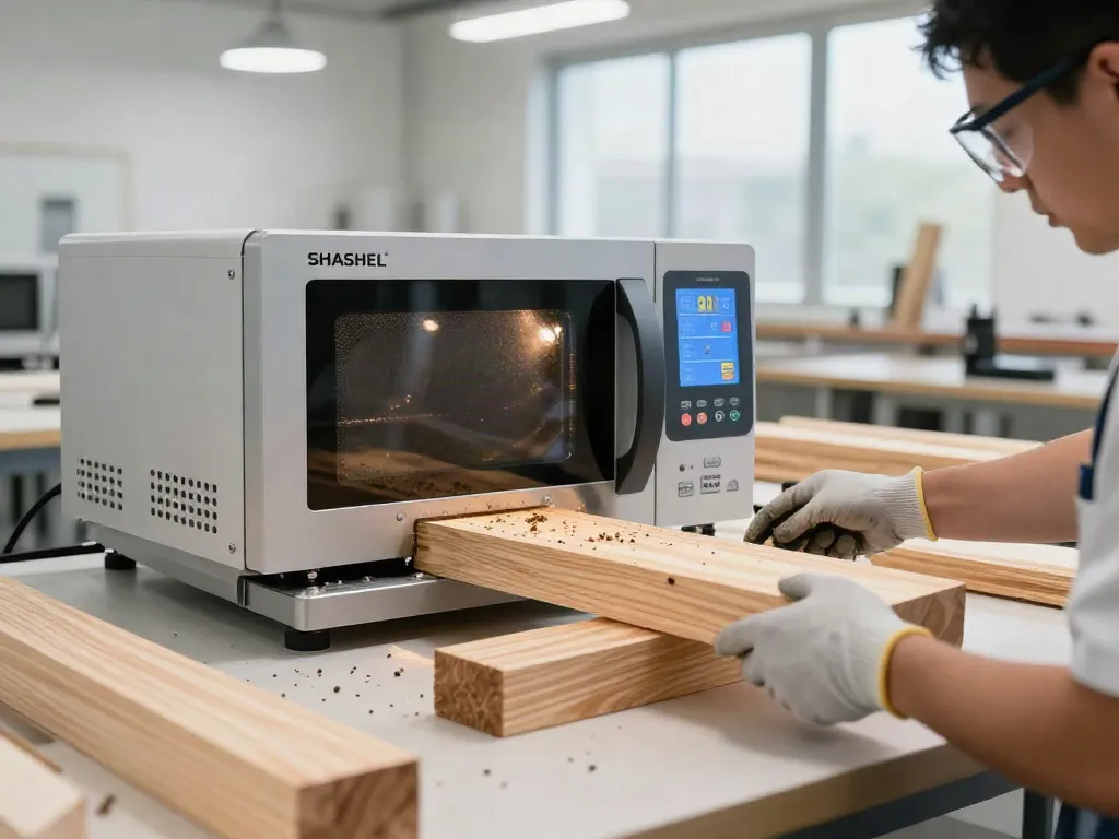 SHASHEL® microwave treatment device in action to eliminate wood-boring pests in a modern workshop setting.