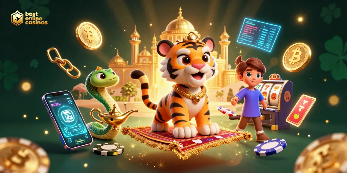 Experience the best online casinos with an Arabian Nights-themed sultan, magic snake, and vibrant gaming elements.