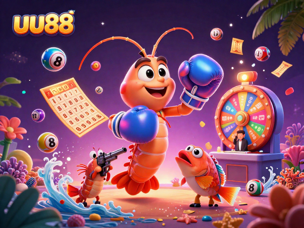 uu88 lottery game excitement with vibrant balls, a shrimp duo, and a coral grouper announcer.