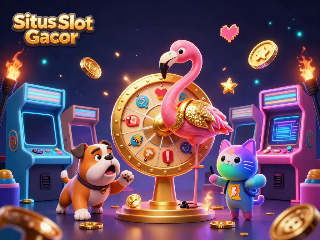 Situs Slot Gacor yang menampilkan flamingo pembawa acara dan bulldog kontestan dalam suasana casino yang meriah.
