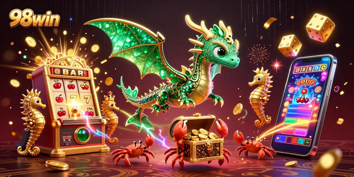 Experience the vibrant world of 98win, where majestic sea dragons and slot machines create a gaming wonderland.