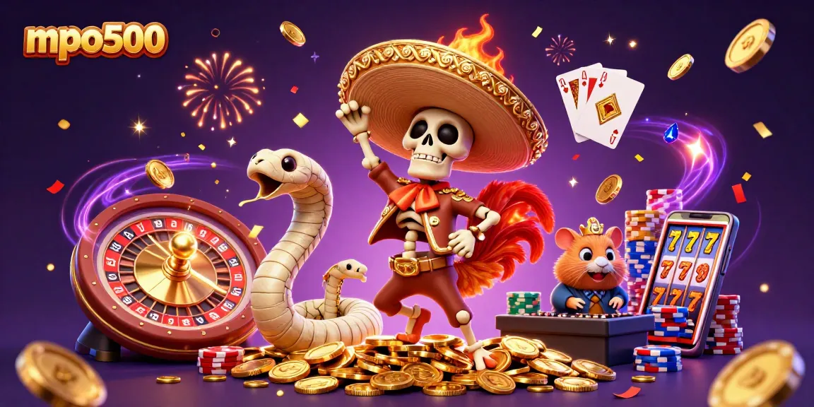 The mpo500 offers exciting gambling opportunities with dynamic characters, casino elements, and a vibrant illustration.