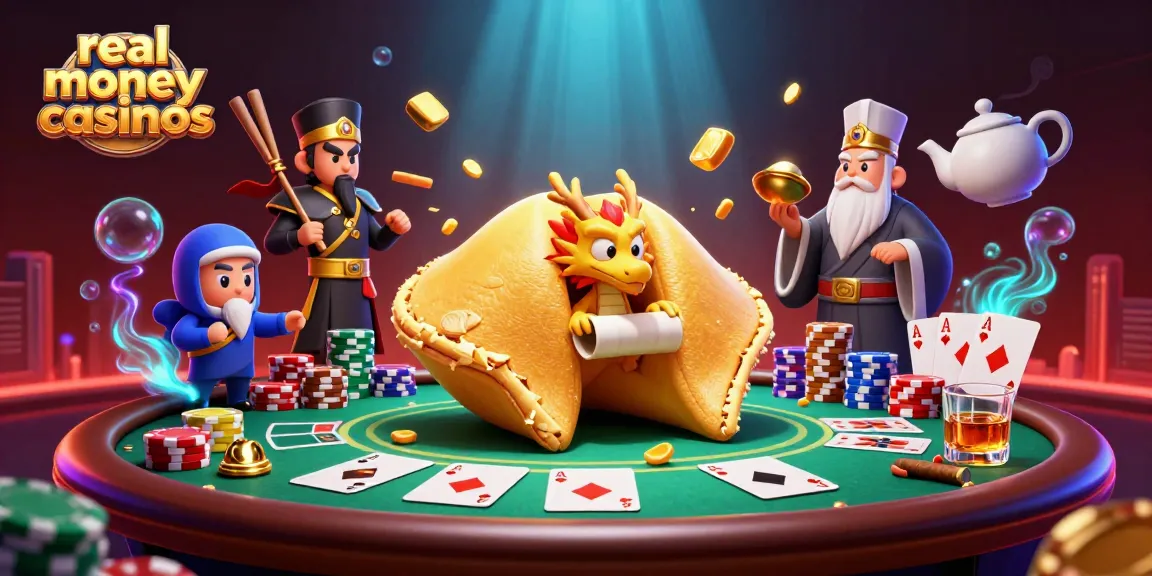 Experience real money casinos with a dynamic 3D scene featuring a golden fortune cookie and poker elements.