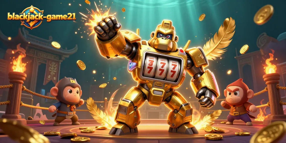 Experience the thrill of blackjack-game21 with an explosive 3D illustration showcasing a golden gorilla mech winning big.
